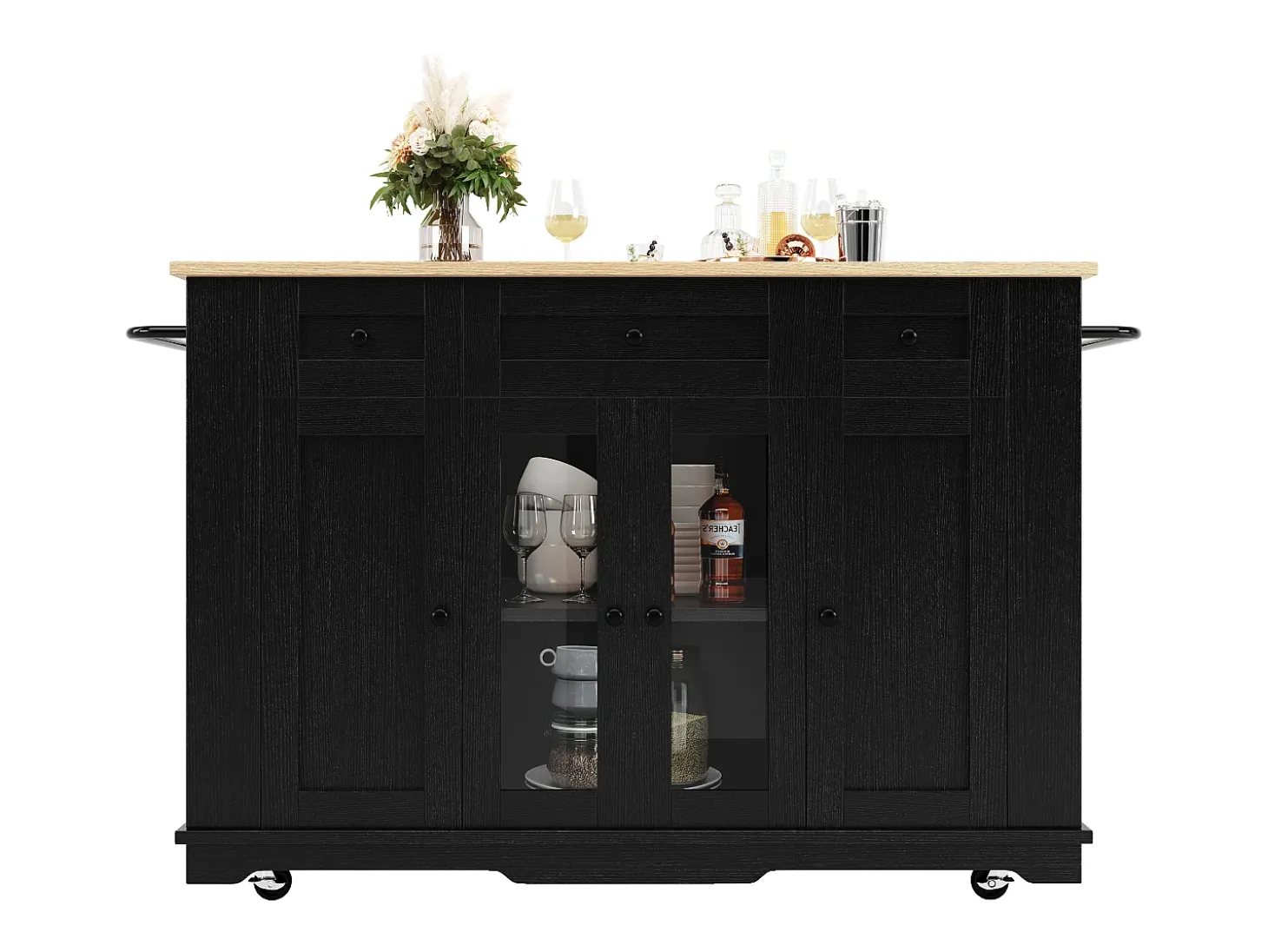 Ilha de cozinha móvel com 4 portas, 3 gavetas e prateleiras laterais - Tampo extensível - 151,5x60(85)x91,7 cm - MDF + vidro - Preto