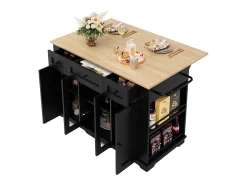 Ilha de cozinha móvel com 4 portas, 3 gavetas e prateleiras laterais - Tampo extensível - 151,5x60(85)x91,7 cm - MDF + vidro - Preto