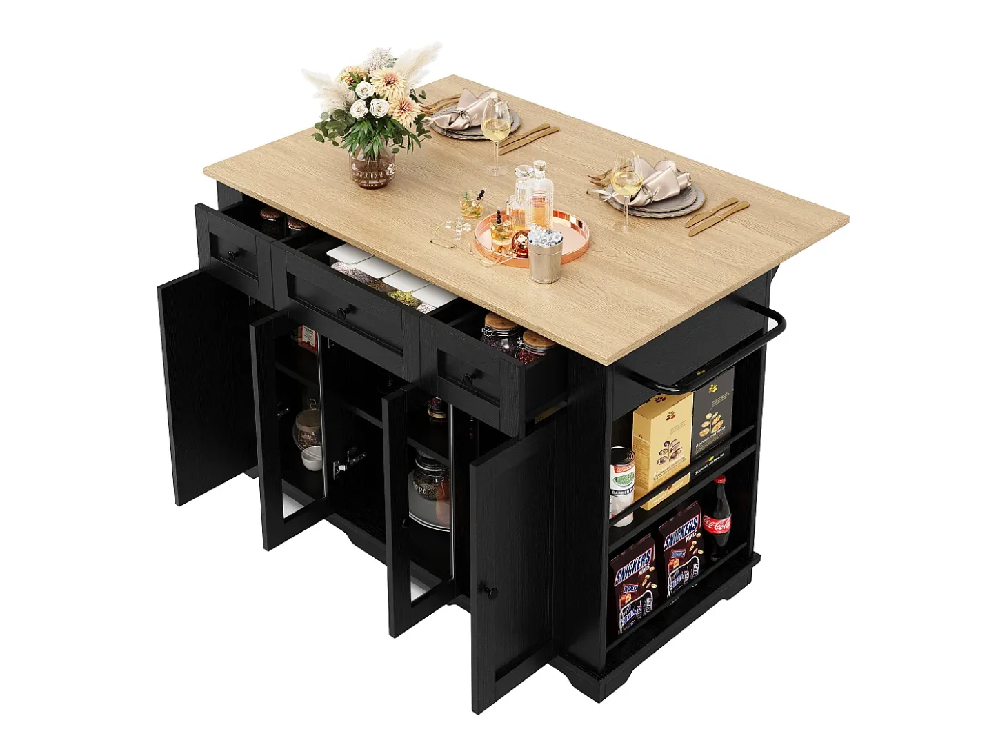 Ilha de cozinha móvel com 4 portas, 3 gavetas e prateleiras laterais - Tampo extensível - 151,5x60(85)x91,7 cm - MDF + vidro - Preto