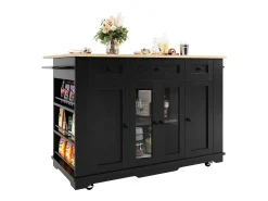 Ilha de cozinha móvel com 4 portas, 3 gavetas e prateleiras laterais - Tampo extensível - 151,5x60(85)x91,7 cm - MDF + vidro - Preto