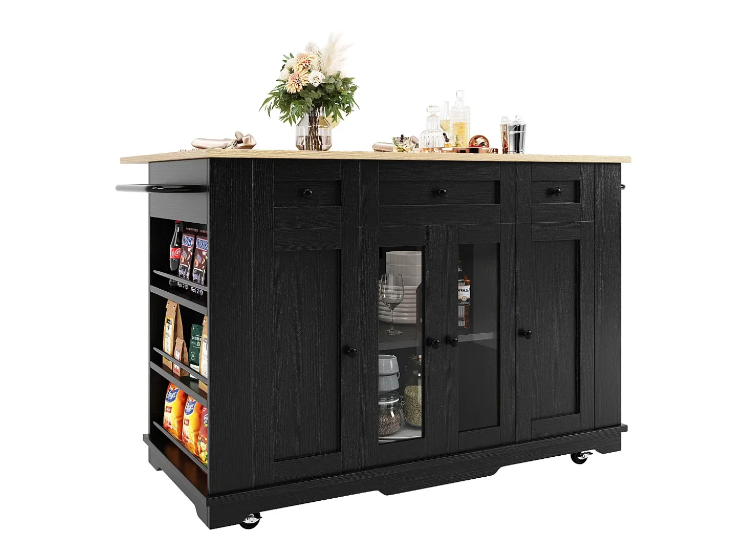 Ilha de cozinha móvel com 4 portas, 3 gavetas e prateleiras laterais - Tampo extensível - 151,5x60(85)x91,7 cm - MDF + vidro - Preto
