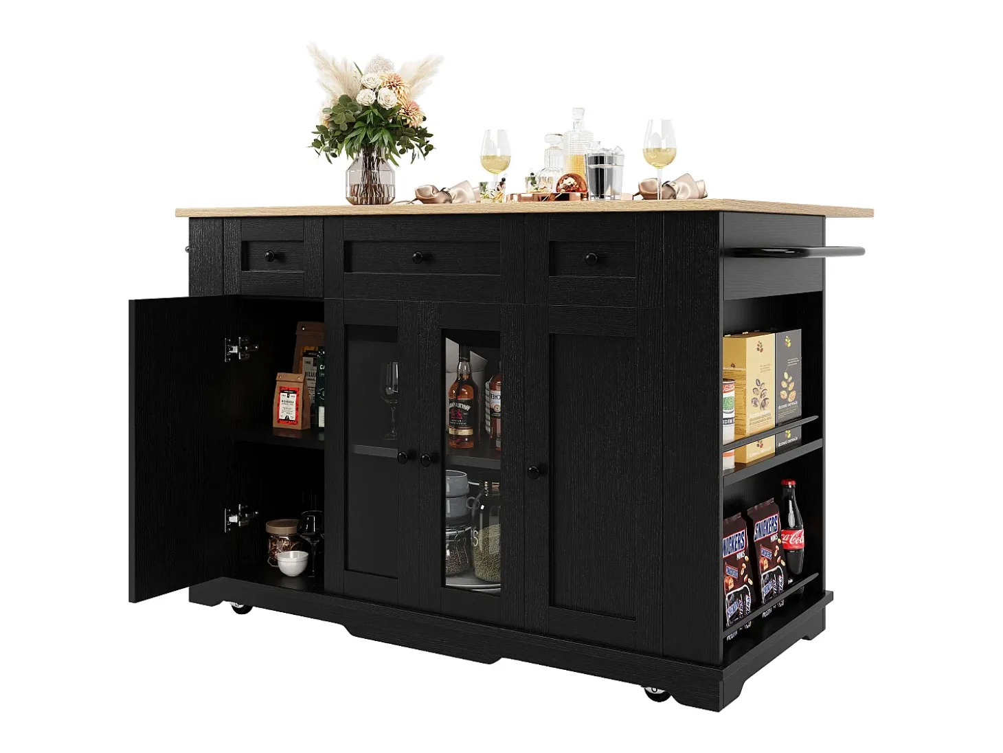 Ilha de cozinha móvel com 4 portas, 3 gavetas e prateleiras laterais - Tampo extensível - 151,5x60(85)x91,7 cm - MDF + vidro - Preto