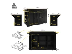 Ilha de cozinha móvel com 4 portas, 3 gavetas e prateleiras laterais - Tampo extensível - 151,5x60(85)x91,7 cm - MDF + vidro - Preto