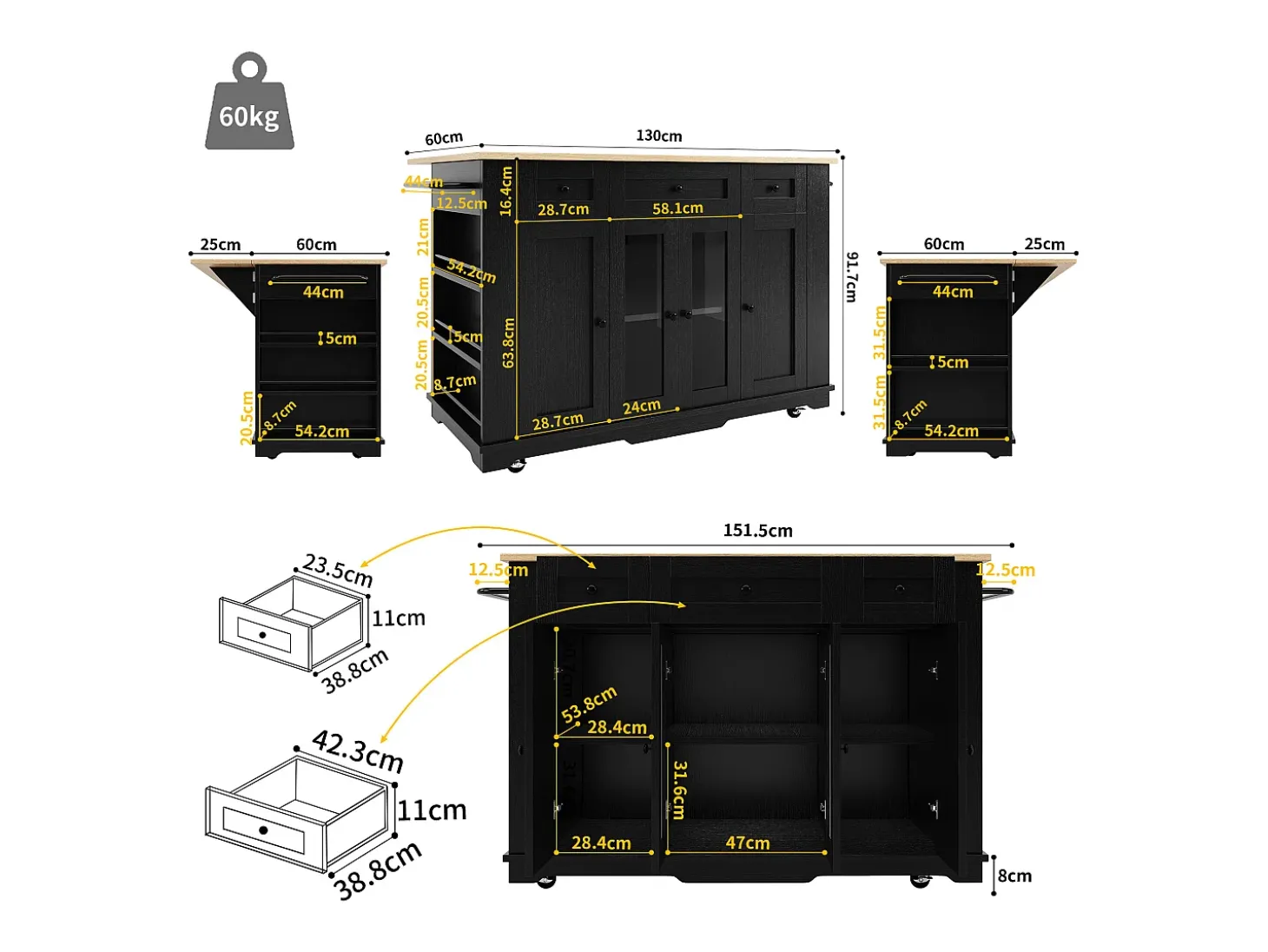 Ilha de cozinha móvel com 4 portas, 3 gavetas e prateleiras laterais - Tampo extensível - 151,5x60(85)x91,7 cm - MDF + vidro - Preto