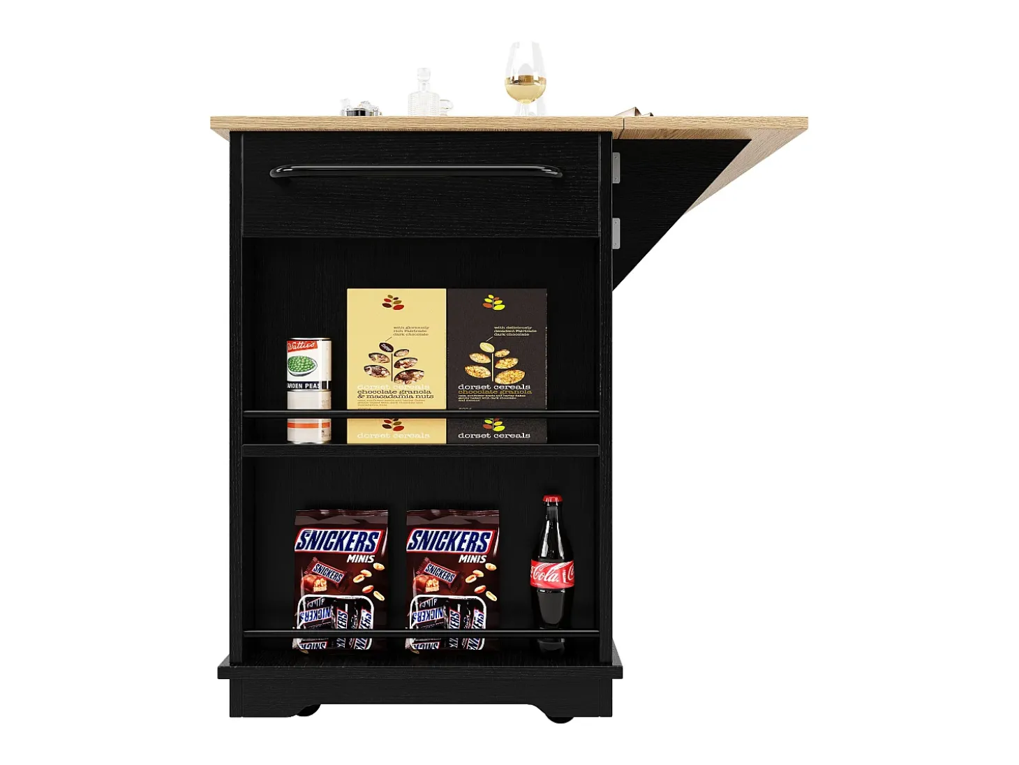 Ilha de cozinha móvel com 4 portas, 3 gavetas e prateleiras laterais - Tampo extensível - 151,5x60(85)x91,7 cm - MDF + vidro - Preto