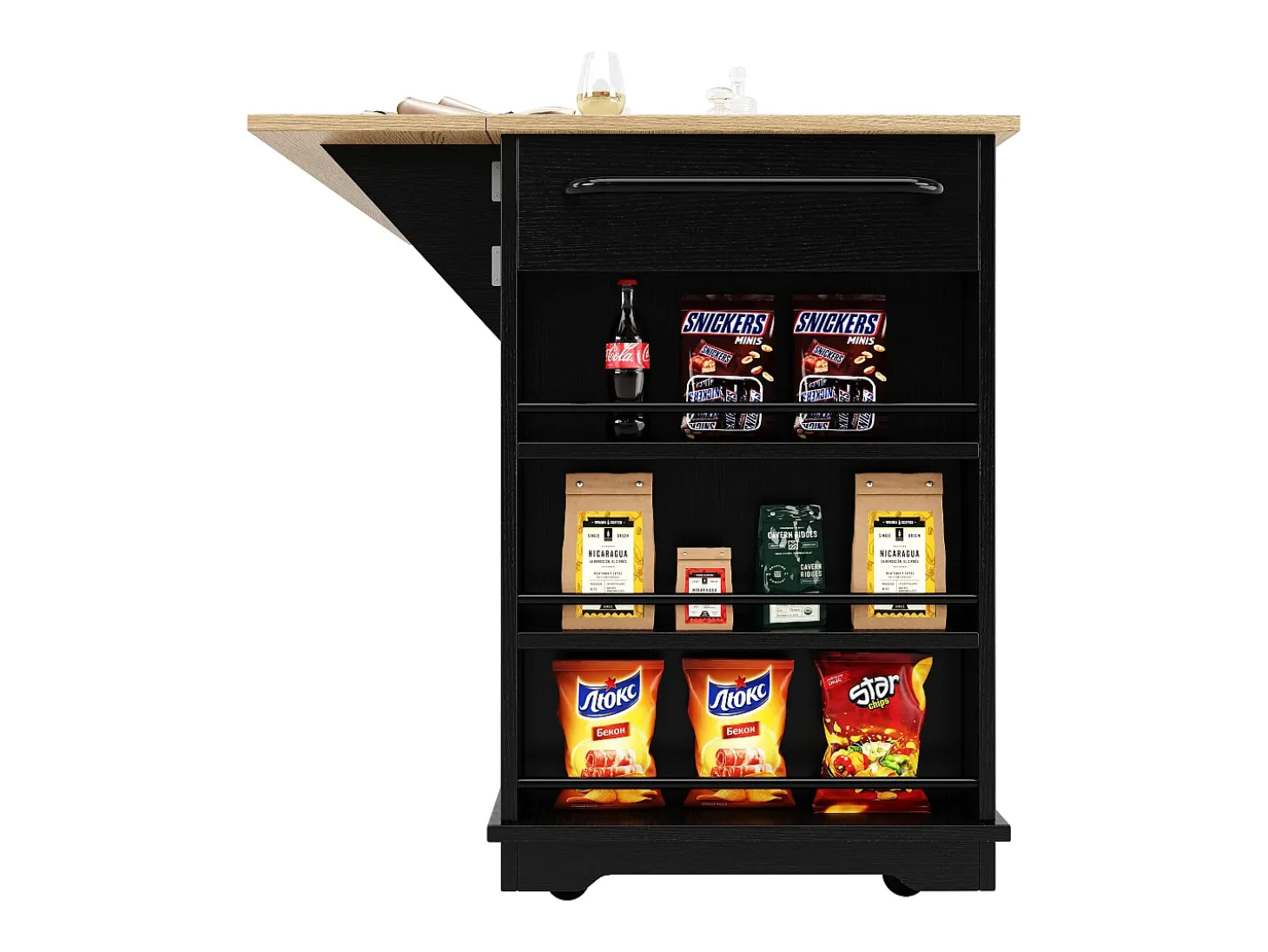 Ilha de cozinha móvel com 4 portas, 3 gavetas e prateleiras laterais - Tampo extensível - 151,5x60(85)x91,7 cm - MDF + vidro - Preto