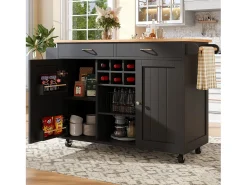 Ilha de cozinha móvel com 2 portas e 2 gavetas - 102x45x92 cm - Madeira MDF - Preto e natural