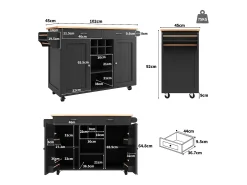 Ilha de cozinha móvel com 2 portas e 2 gavetas - 102x45x92 cm - Madeira MDF - Preto e natural