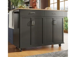 Ilha de cozinha móvel com 4 portas e 2 gavetas - Tampo extensível - 106x50(78)x90,5cm - Madeira MDF - Preto e natural