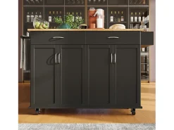 Ilha de cozinha móvel com 4 portas e 2 gavetas - Tampo extensível - 106x50(78)x90,5cm - Madeira MDF - Preto e natural