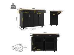 Ilha de cozinha móvel com 4 portas e 2 gavetas - Tampo extensível - 106x50(78)x90,5cm - Madeira MDF - Preto e natural