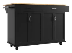 Ilha de cozinha móvel com 4 portas e 2 gavetas - Tampo extensível - 106x50(78)x90,5cm - Madeira MDF - Preto e natural