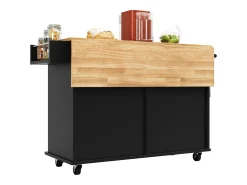 Ilha de cozinha móvel com 4 portas e 2 gavetas - Tampo extensível - 106x50(78)x90,5cm - Madeira MDF - Preto e natural