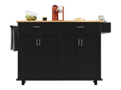 Ilha de cozinha móvel com 4 portas e 2 gavetas - Tampo extensível - 106x50(78)x90,5cm - Madeira MDF - Preto e natural