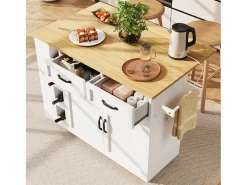 Ilha de cozinha móvel com 2 portas, 2 gavetas e 4 porta-garrafas - Tampo extensível - 131,5x43(76)x90,7cm - MDF - Branco e natural