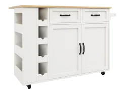 Ilha de cozinha móvel com 2 portas, 2 gavetas e 4 porta-garrafas - Tampo extensível - 131,5x43(76)x90,7cm - MDF - Branco e natural