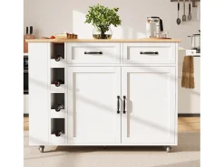 Ilha de cozinha móvel com 2 portas, 2 gavetas e 4 porta-garrafas - Tampo extensível - 131,5x43(76)x90,7cm - MDF - Branco e natural