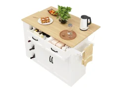 Ilha de cozinha móvel com 2 portas, 2 gavetas e 4 porta-garrafas - Tampo extensível - 131,5x43(76)x90,7cm - MDF - Branco e natural