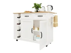 Ilha de cozinha móvel com 2 portas, 2 gavetas e 4 porta-garrafas - Tampo extensível - 131,5x43(76)x90,7cm - MDF - Branco e natural