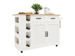 Ilha de cozinha móvel com 2 portas, 2 gavetas e 4 porta-garrafas - Tampo extensível - 131,5x43(76)x90,7cm - MDF - Branco e natural