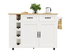 Ilha de cozinha móvel com 2 portas, 2 gavetas e 4 porta-garrafas - Tampo extensível - 131,5x43(76)x90,7cm - MDF - Branco e natural