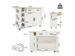Ilha de cozinha móvel com 2 portas, 2 gavetas e 4 porta-garrafas - Tampo extensível - 131,5x43(76)x90,7cm - MDF - Branco e natural