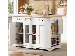 Ilha de cozinha móvel com 4 portas, 3 gavetas e prateleiras laterais - Tampo extensível - 151,5x60(85)x91,7 cm - MDF + vidro - Branco