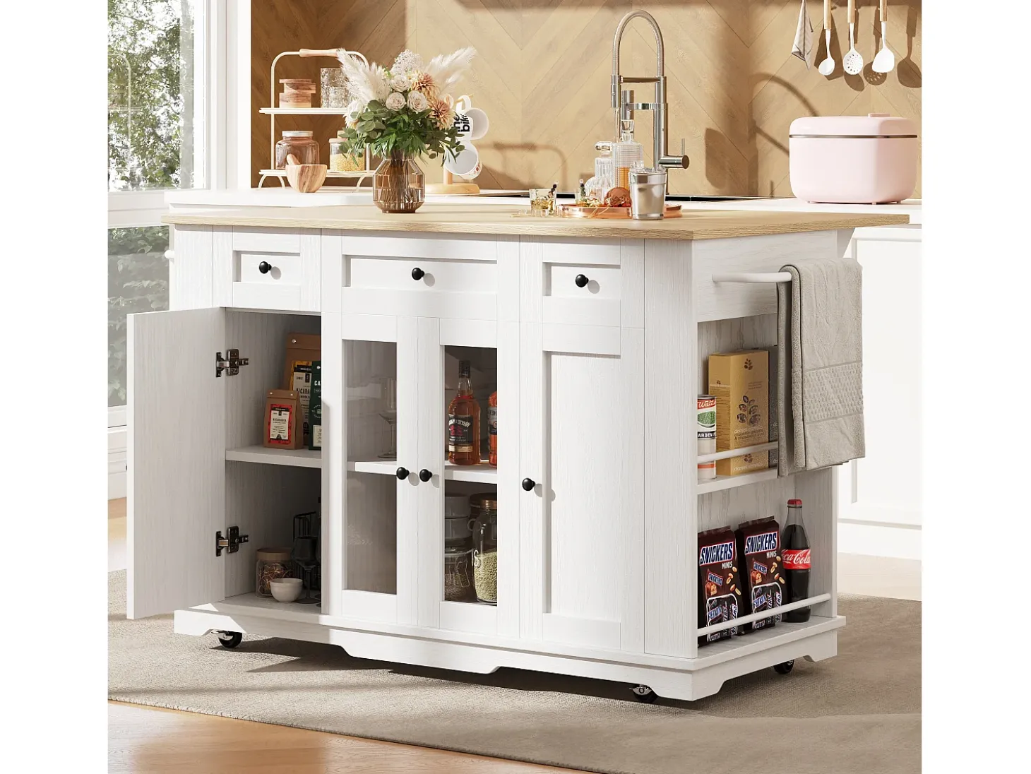 Ilha de cozinha móvel com 4 portas, 3 gavetas e prateleiras laterais - Tampo extensível - 151,5x60(85)x91,7 cm - MDF + vidro - Branco