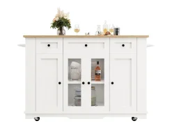 Ilha de cozinha móvel com 4 portas, 3 gavetas e prateleiras laterais - Tampo extensível - 151,5x60(85)x91,7 cm - MDF + vidro - Branco