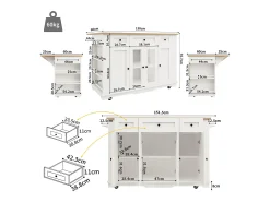 Ilha de cozinha móvel com 4 portas, 3 gavetas e prateleiras laterais - Tampo extensível - 151,5x60(85)x91,7 cm - MDF + vidro - Branco