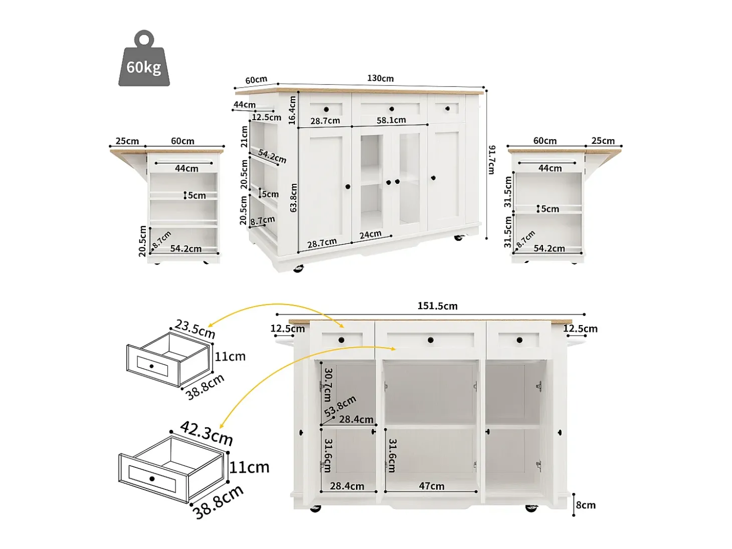 Ilha de cozinha móvel com 4 portas, 3 gavetas e prateleiras laterais - Tampo extensível - 151,5x60(85)x91,7 cm - MDF + vidro - Branco