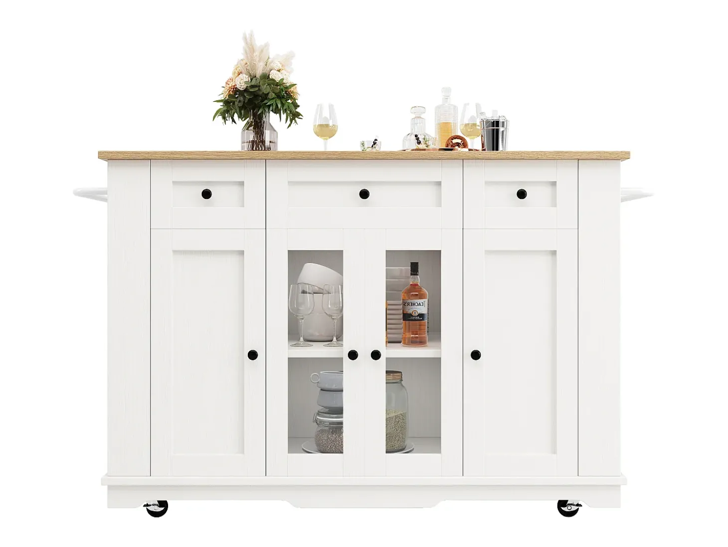 Ilha de cozinha móvel com 4 portas, 3 gavetas e prateleiras laterais - Tampo extensível - 151,5x60(85)x91,7 cm - MDF + vidro - Branco