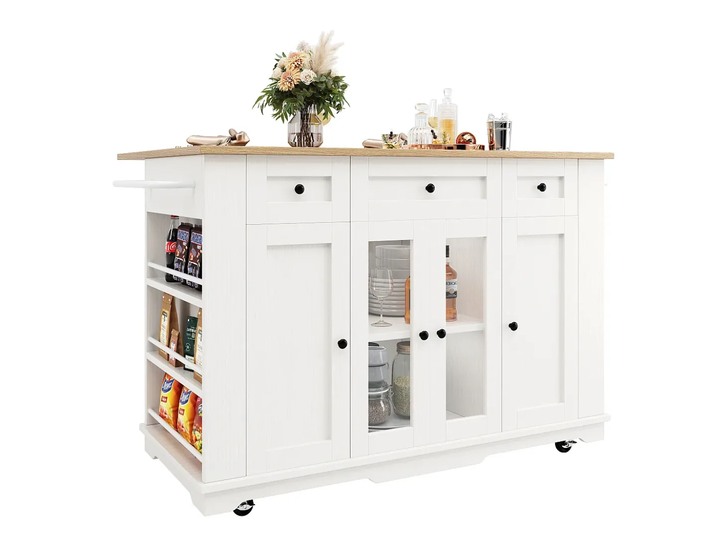 Ilha de cozinha móvel com 4 portas, 3 gavetas e prateleiras laterais - Tampo extensível - 151,5x60(85)x91,7 cm - MDF + vidro - Branco