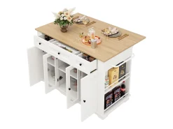 Ilha de cozinha móvel com 4 portas, 3 gavetas e prateleiras laterais - Tampo extensível - 151,5x60(85)x91,7 cm - MDF + vidro - Branco