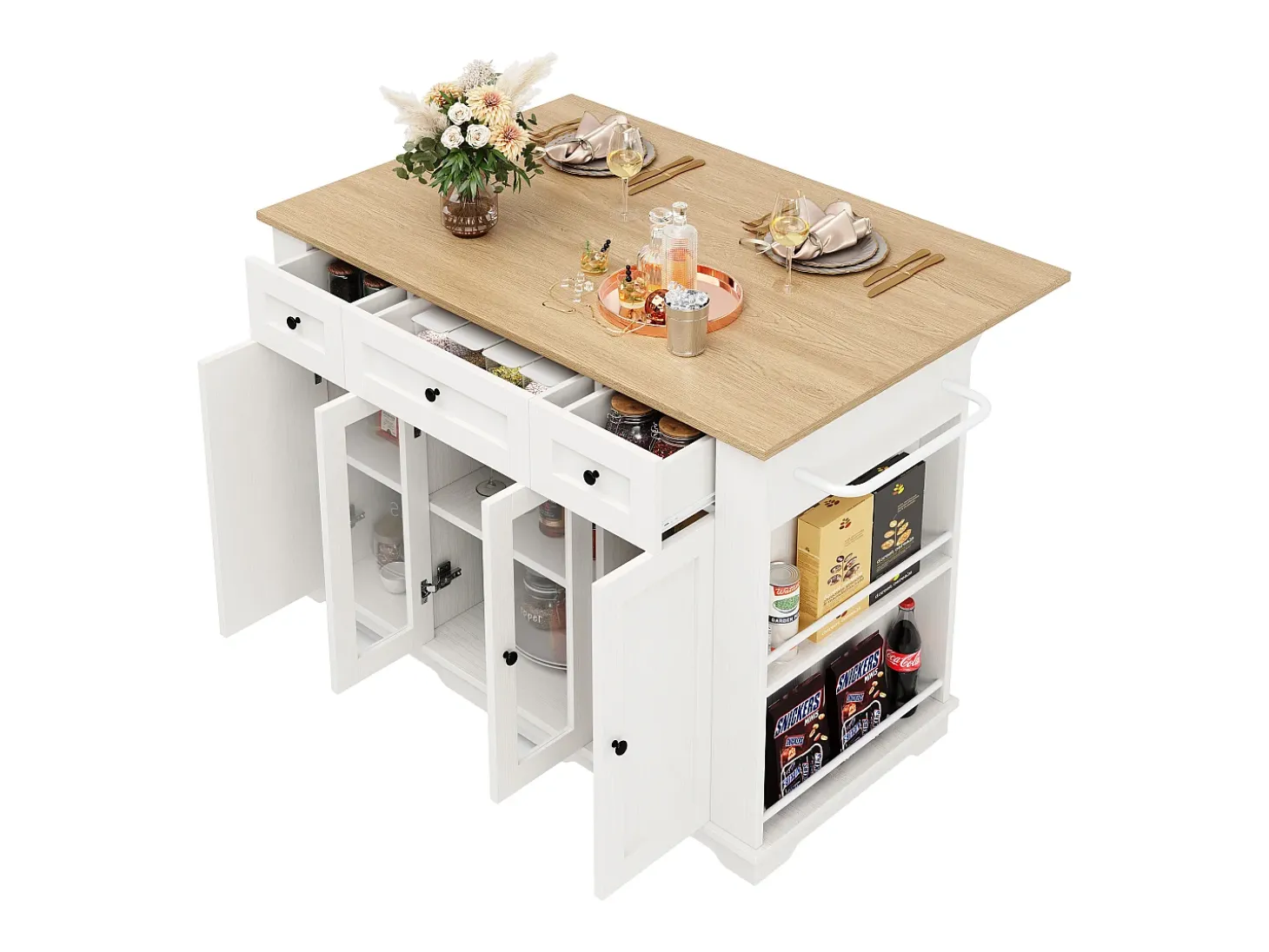 Ilha de cozinha móvel com 4 portas, 3 gavetas e prateleiras laterais - Tampo extensível - 151,5x60(85)x91,7 cm - MDF + vidro - Branco