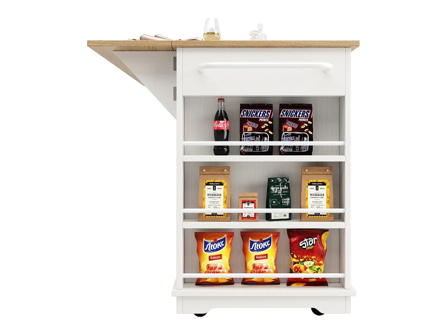 Ilha de cozinha móvel com 4 portas, 3 gavetas e prateleiras laterais - Tampo extensível - 151,5x60(85)x91,7 cm - MDF + vidro - Branco