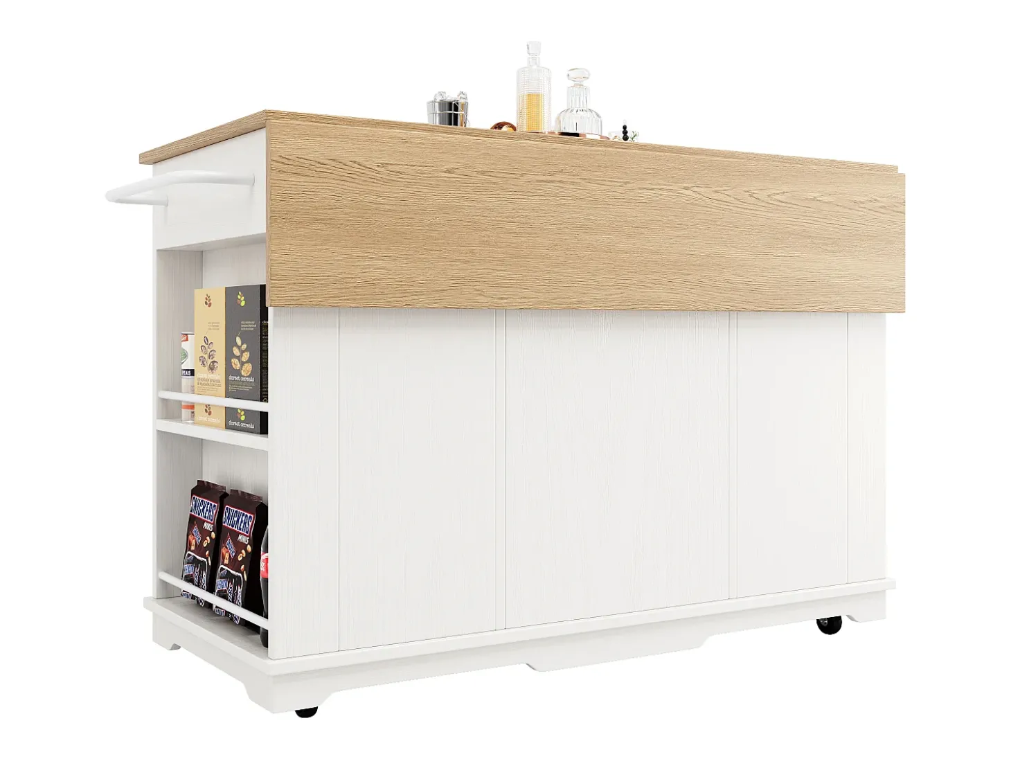Ilha de cozinha móvel com 4 portas, 3 gavetas e prateleiras laterais - Tampo extensível - 151,5x60(85)x91,7 cm - MDF + vidro - Branco