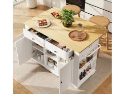 Ilha de cozinha móvel com 2 portas, 2 gavetas e prateleiras laterais - Tampo extensível - 151,5x59,7(84,7)x91,7cm - MDF - Branco