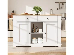 Ilha de cozinha móvel com 2 portas, 2 gavetas e prateleiras laterais - Tampo extensível - 151,5x59,7(84,7)x91,7cm - MDF - Branco
