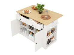 Ilha de cozinha móvel com 2 portas, 2 gavetas e prateleiras laterais - Tampo extensível - 151,5x59,7(84,7)x91,7cm - MDF - Branco