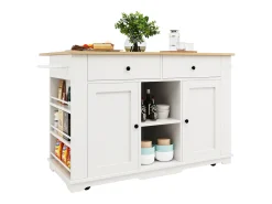 Ilha de cozinha móvel com 2 portas, 2 gavetas e prateleiras laterais - Tampo extensível - 151,5x59,7(84,7)x91,7cm - MDF - Branco