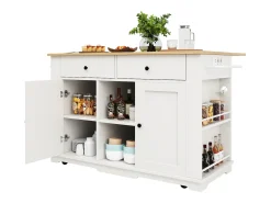 Ilha de cozinha móvel com 2 portas, 2 gavetas e prateleiras laterais - Tampo extensível - 151,5x59,7(84,7)x91,7cm - MDF - Branco