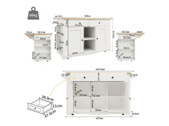 Ilha de cozinha móvel com 2 portas, 2 gavetas e prateleiras laterais - Tampo extensível - 151,5x59,7(84,7)x91,7cm - MDF - Branco