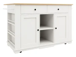 Ilha de cozinha móvel com 2 portas, 2 gavetas e prateleiras laterais - Tampo extensível - 151,5x59,7(84,7)x91,7cm - MDF - Branco