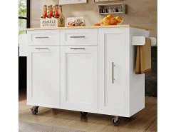 Ilha de cozinha móvel com 2 portas, 3 gavetas e toalheiro - Tampo extensível - 134,5 x 46/74 x 90,5 cm - MDF - Branco