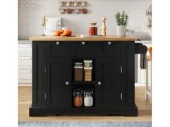 Ilha de cozinha móvel com 3 gavetas, 2 portas e prateleiras - tampo extensível - 132 x 40/70 x 87 cm - Madeira MDF - Preto + natural