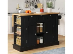 Ilha de cozinha móvel com 3 gavetas, 2 portas e prateleiras - tampo extensível - 132 x 40/70 x 87 cm - Madeira MDF - Preto + natural