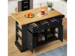 Ilha de cozinha móvel com 3 gavetas, 2 portas e prateleiras - tampo extensível - 132 x 40/70 x 87 cm - Madeira MDF - Preto + natural