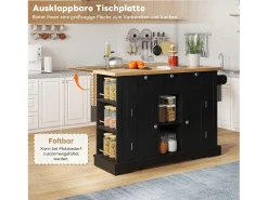 Ilha de cozinha móvel com 3 gavetas, 2 portas e prateleiras - tampo extensível - 132 x 40/70 x 87 cm - Madeira MDF - Preto + natural