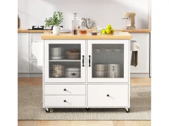 Ilha de cozinha móvel com 2 portas de vidro e 3 gavetas - Mesa extensível - Branca